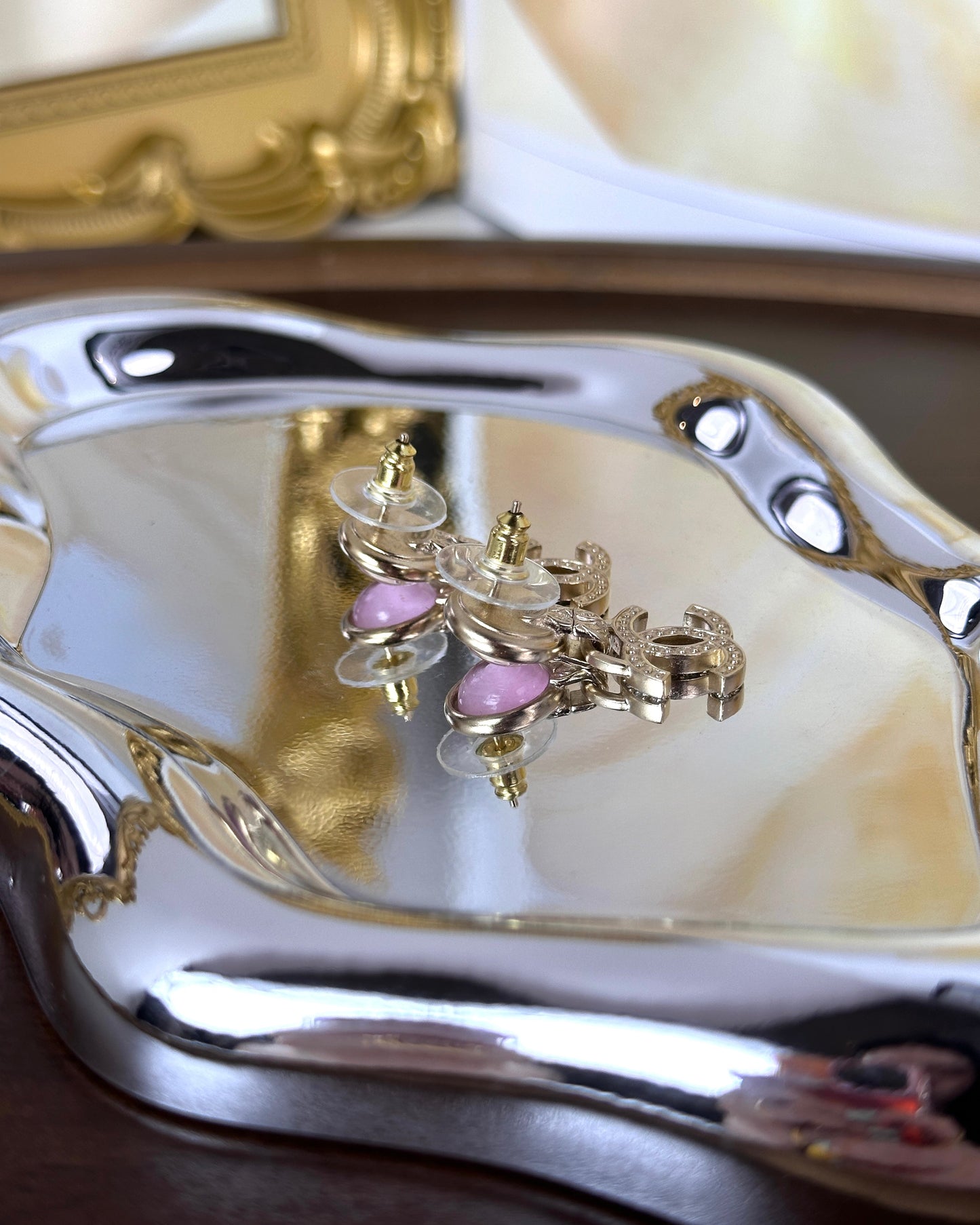 Pink Round Crystal CC Drop Earrings