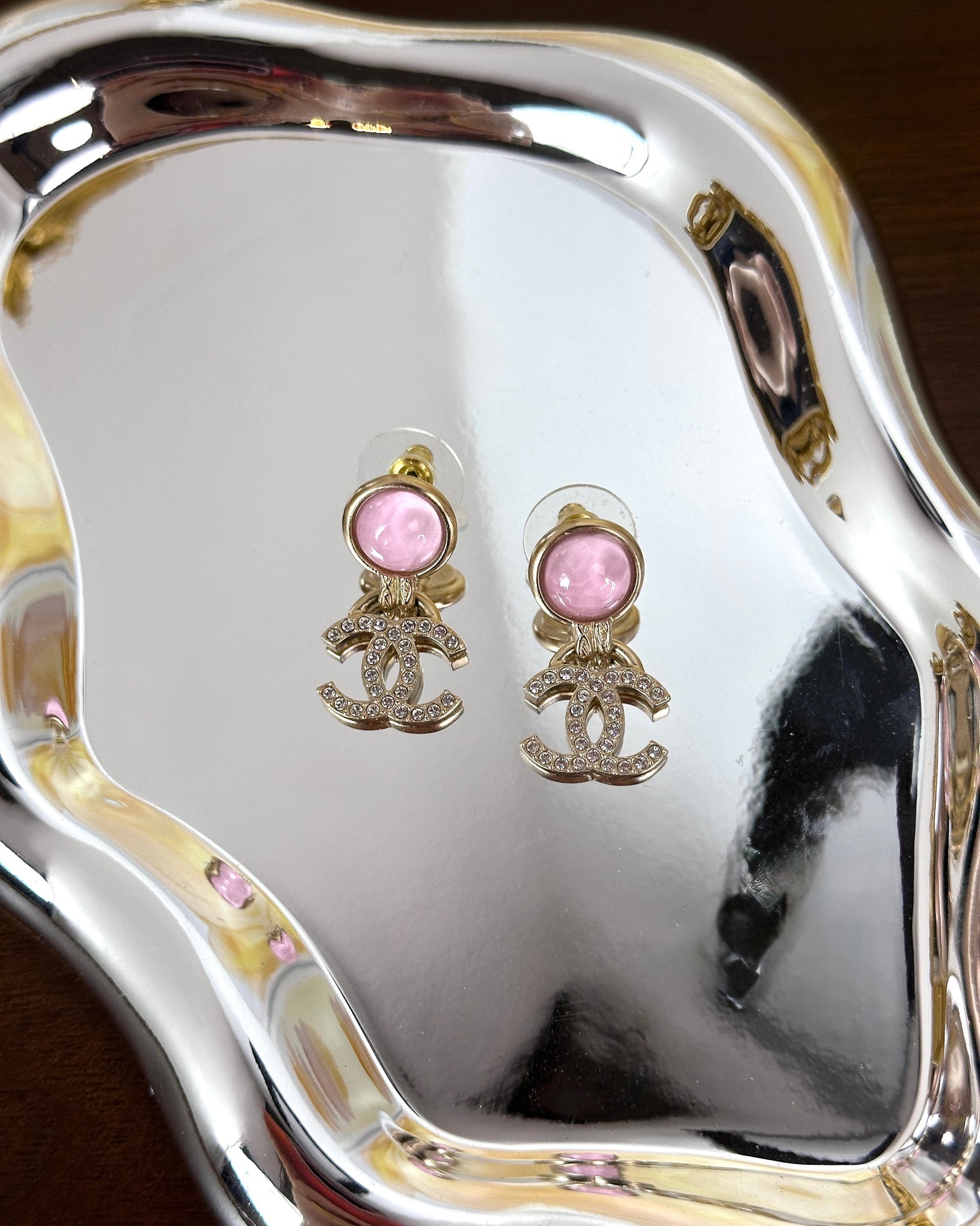 Pink Round Crystal CC Drop Earrings