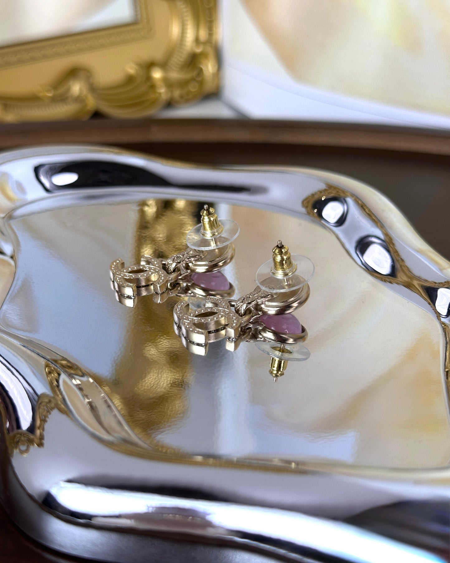 Pink Round Crystal CC Drop Earrings