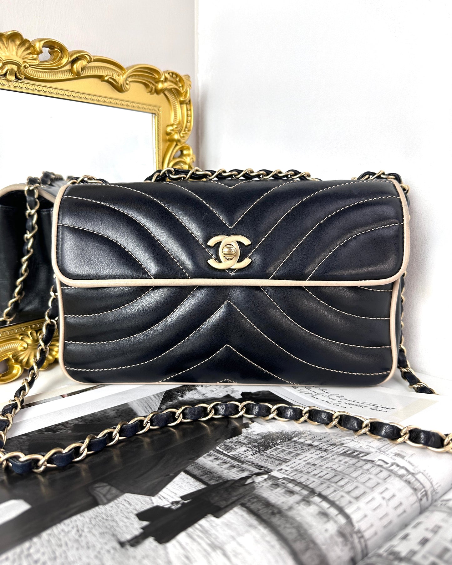 Chevron Contrast Stitch East West Flap Bag