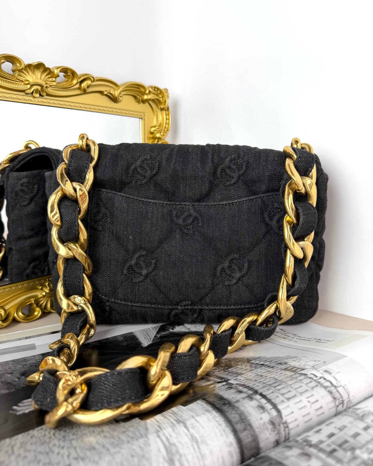 CC Quilted Denim Funky Twon Flap Bag
