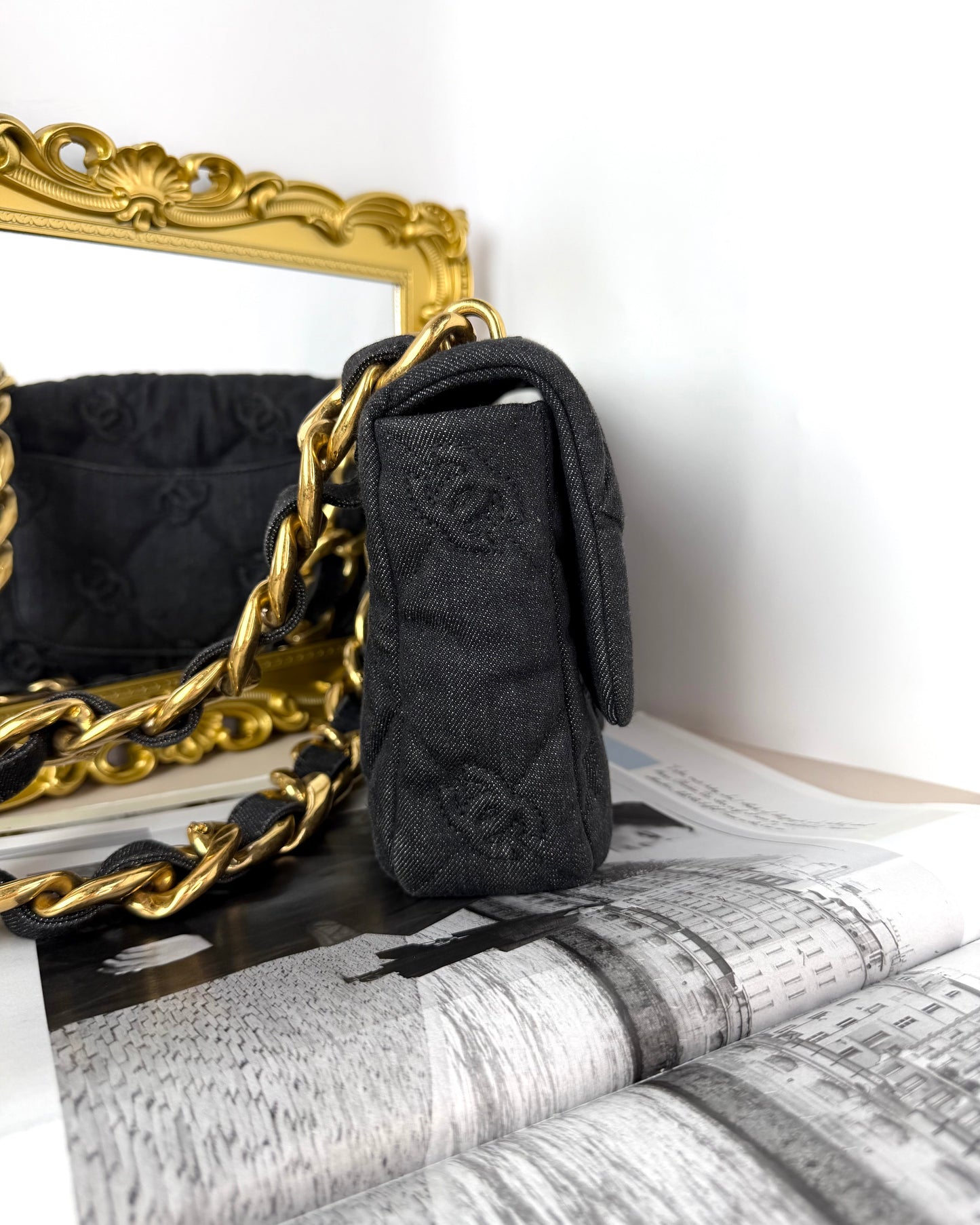CC Quilted Denim Funky Twon Flap Bag