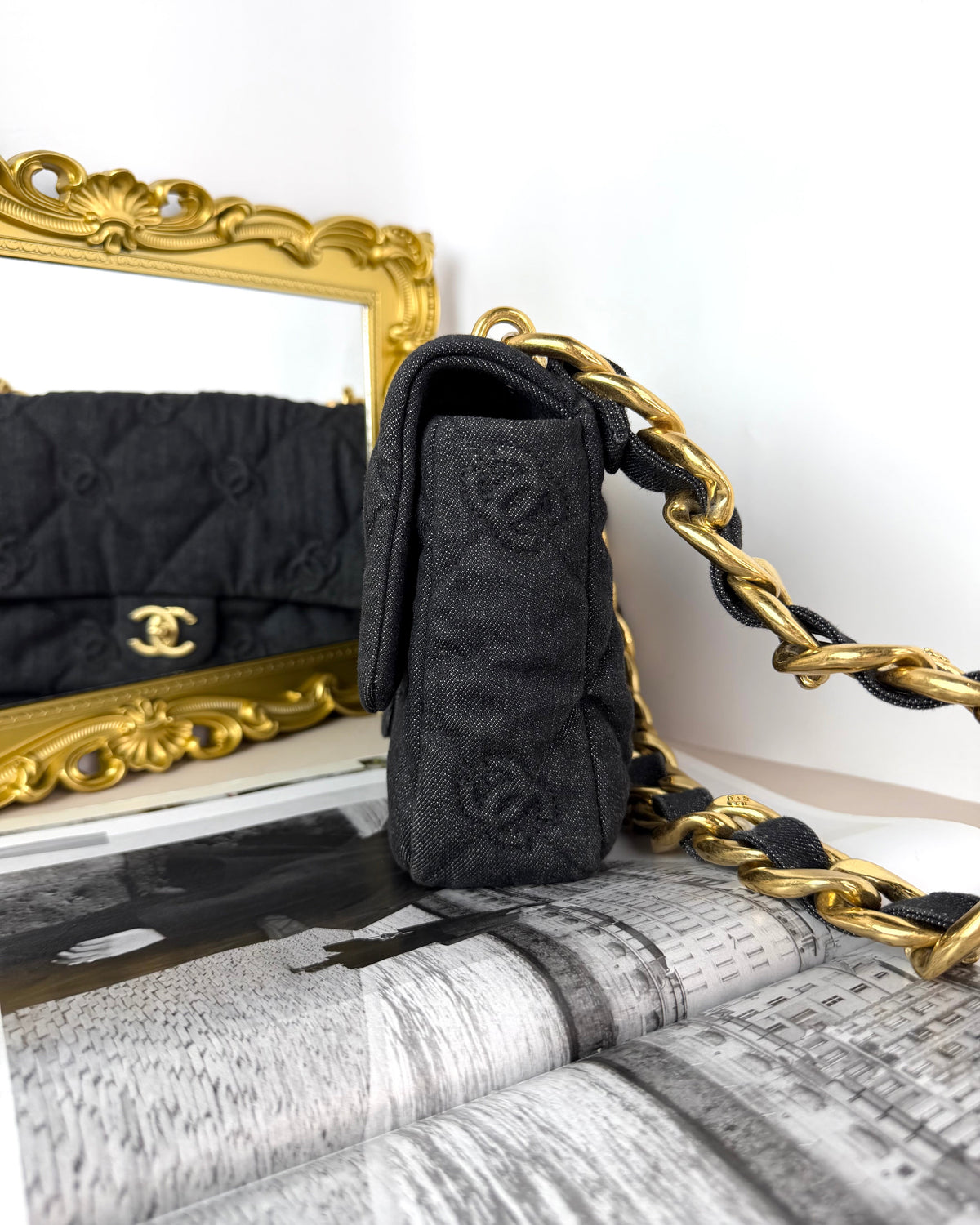CC Quilted Denim Funky Twon Flap Bag