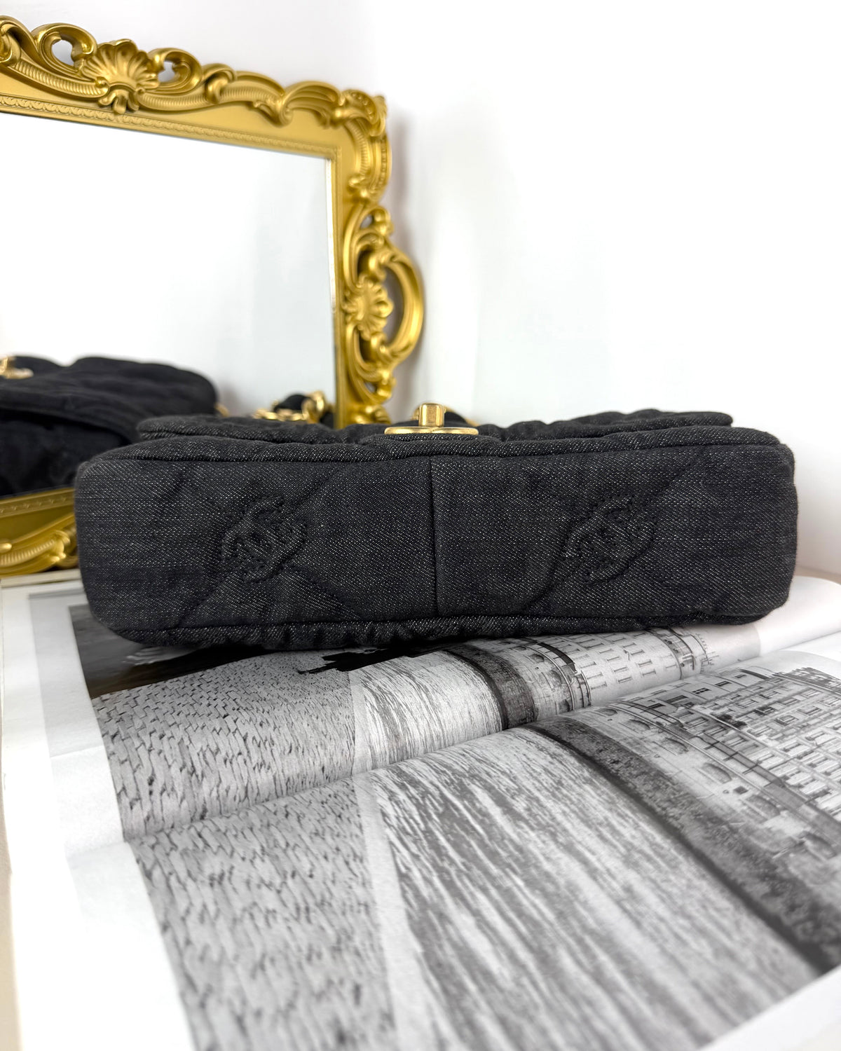 CC Quilted Denim Funky Twon Flap Bag