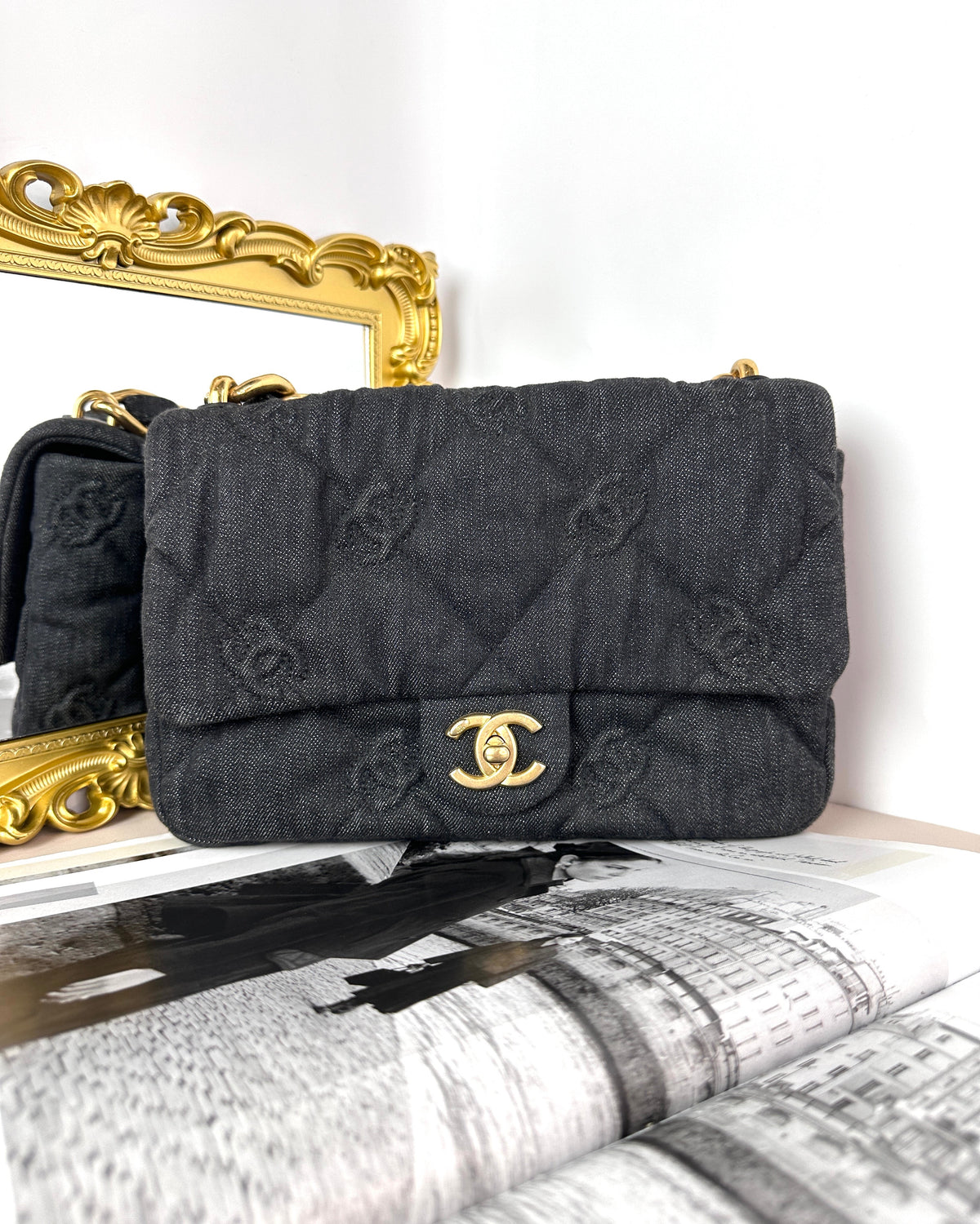 CC Quilted Denim Funky Twon Flap Bag