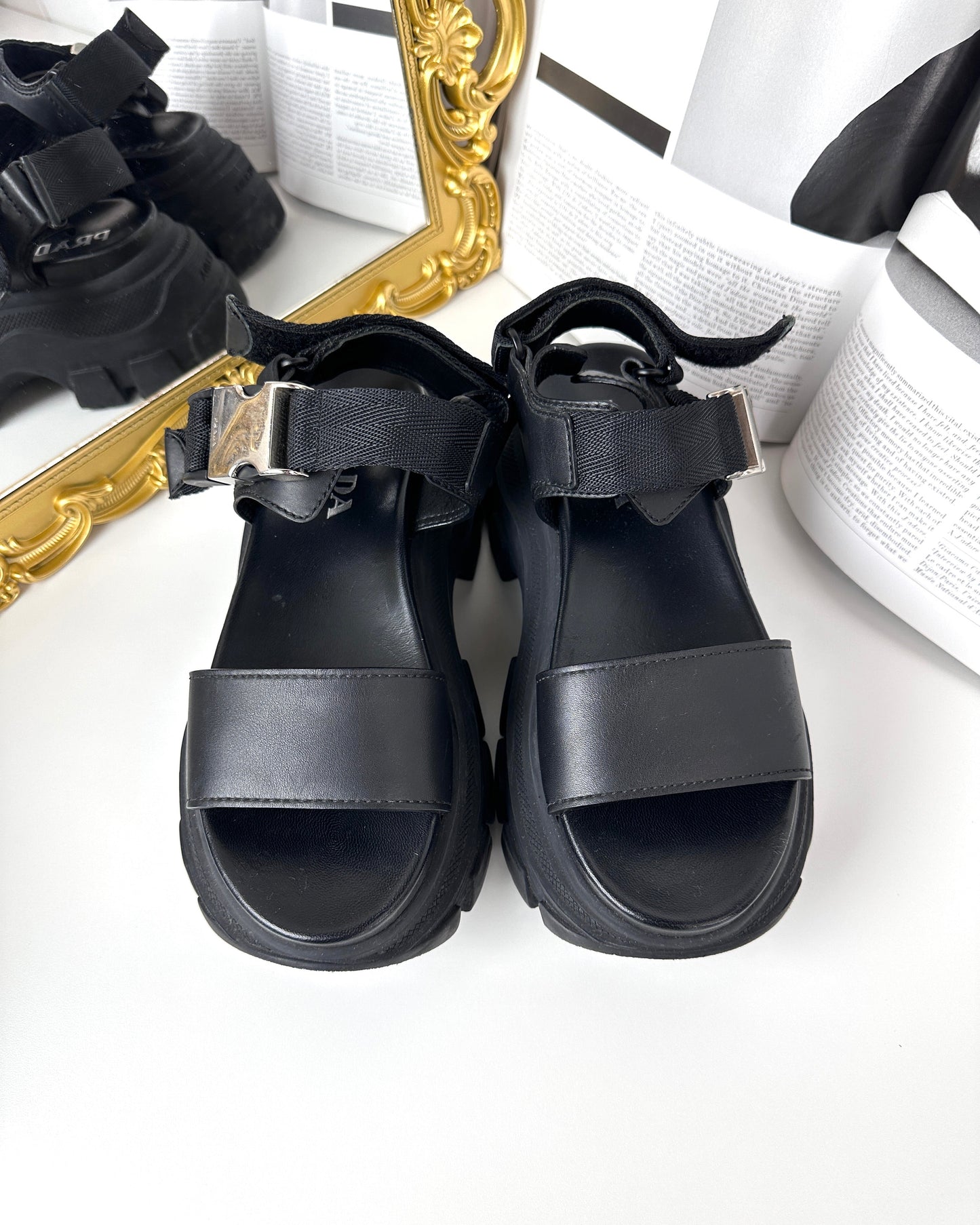Sporty Leather Nylon Tape Sandals