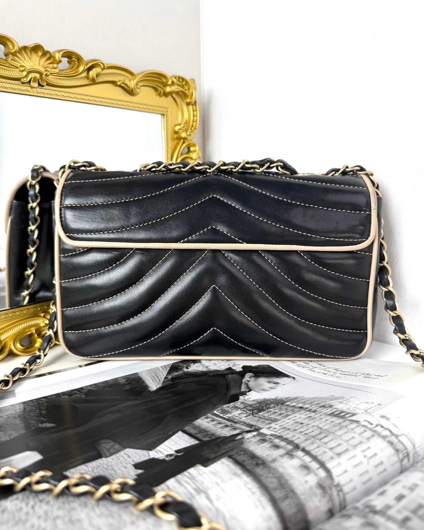 Chevron Contrast Stitch East West Flap Bag