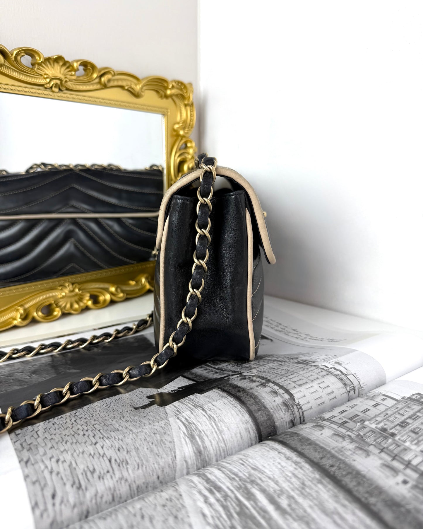 Chevron Contrast Stitch East West Flap Bag