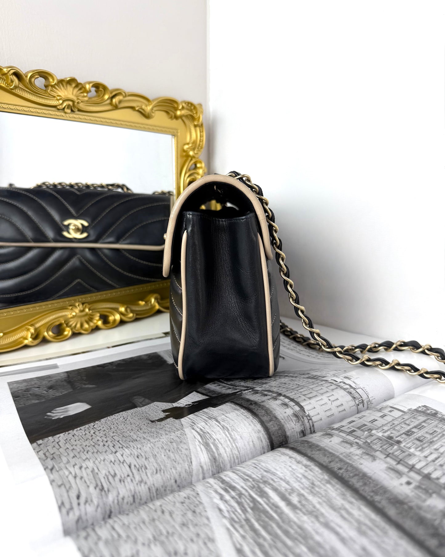 Chevron Contrast Stitch East West Flap Bag