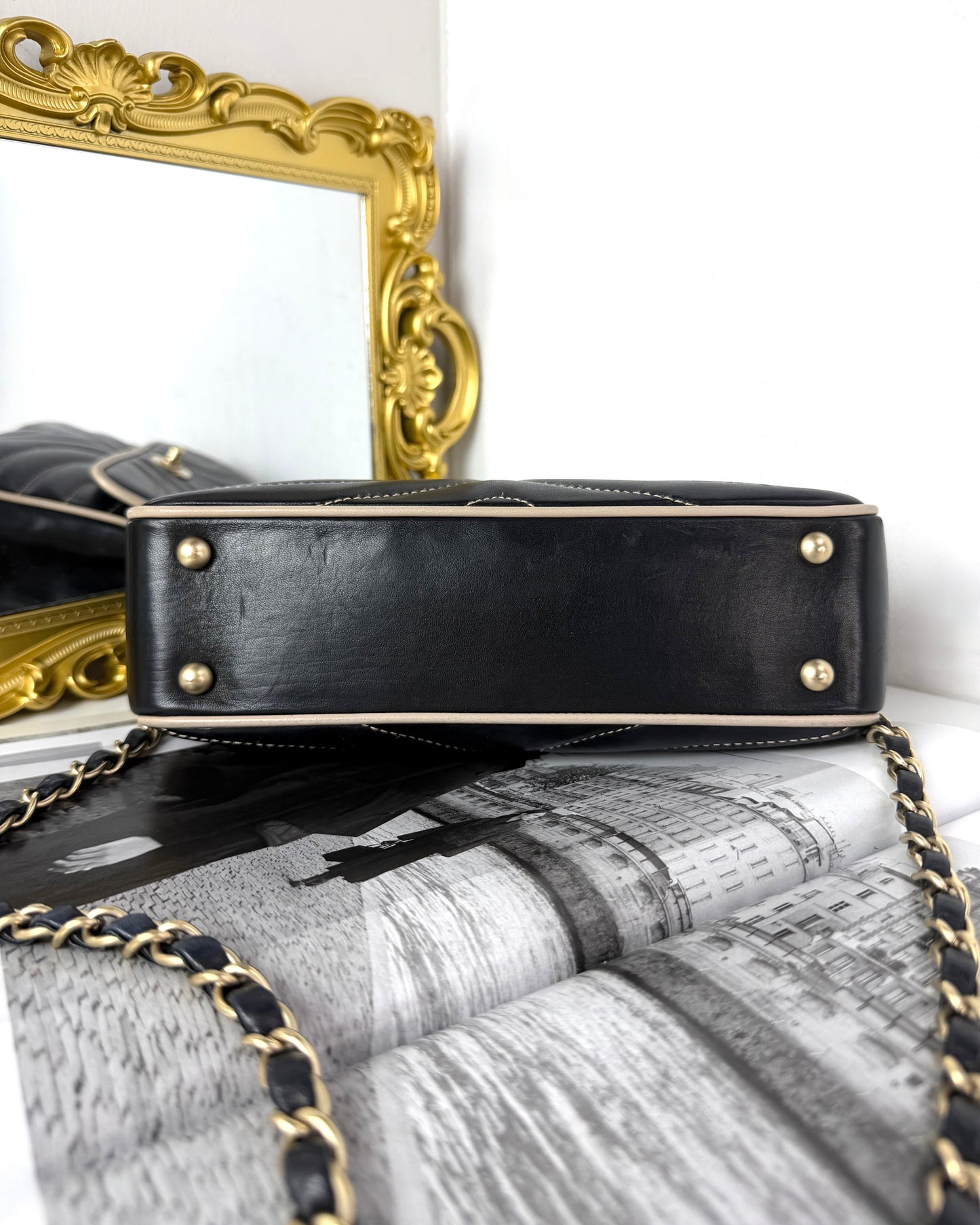 Chevron Contrast Stitch East West Flap Bag