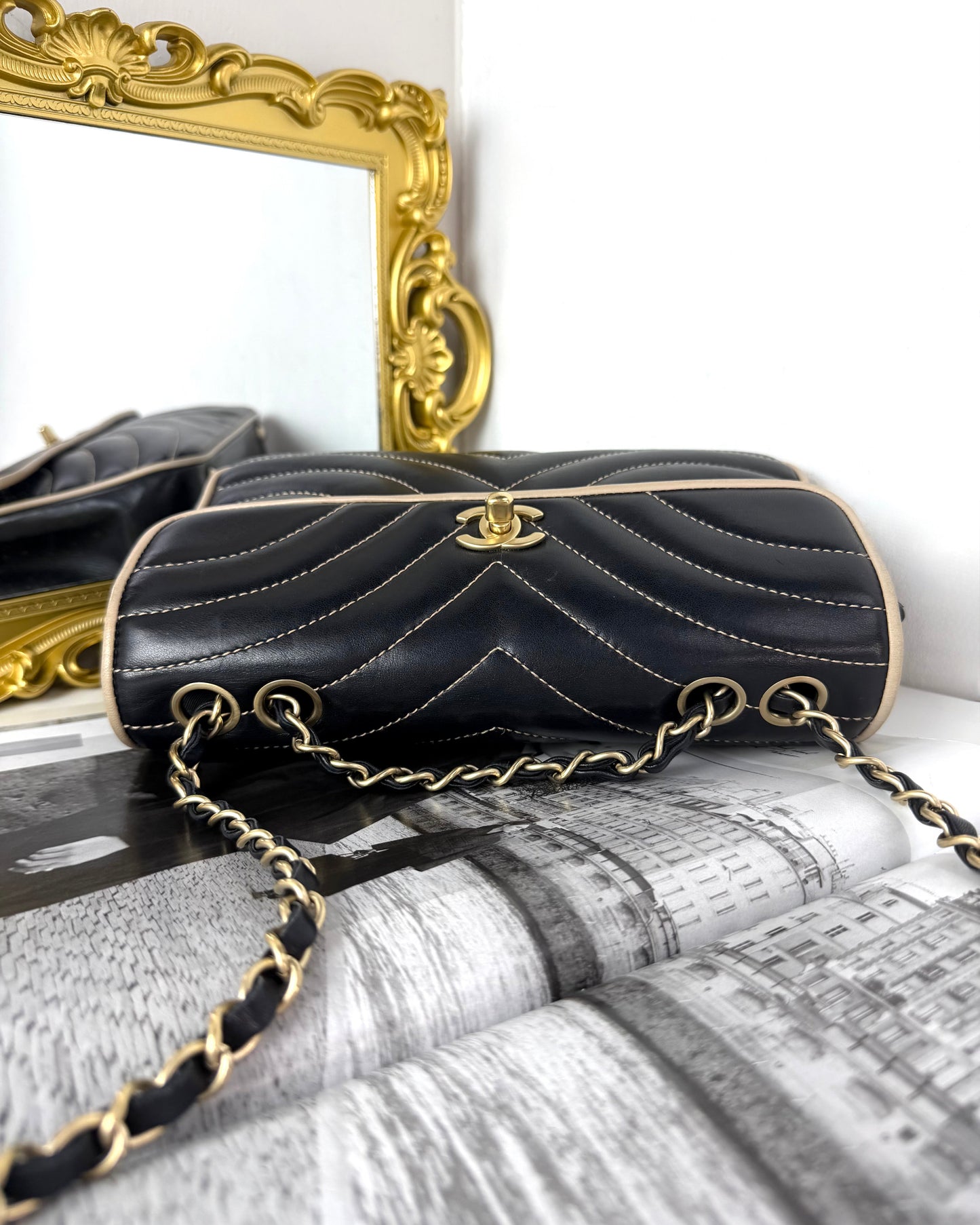 Chevron Contrast Stitch East West Flap Bag