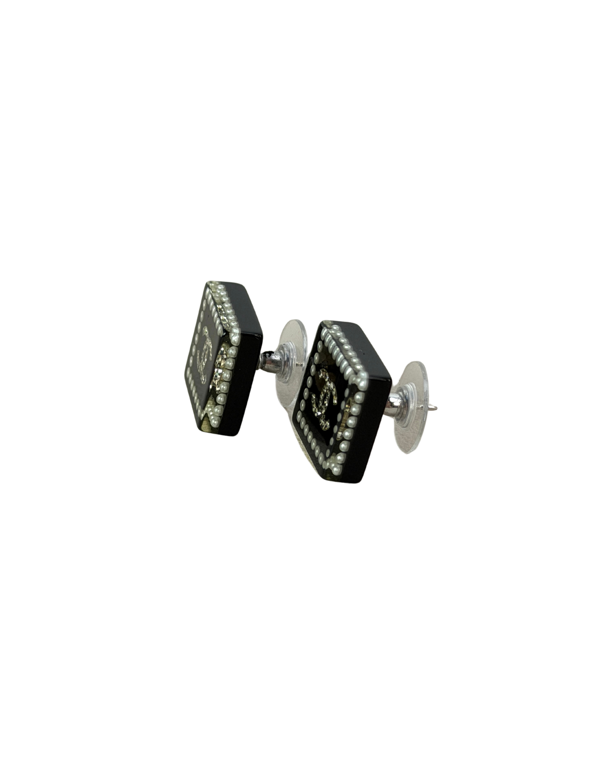 Black Square CC Logo Pearl Piercing Earrings