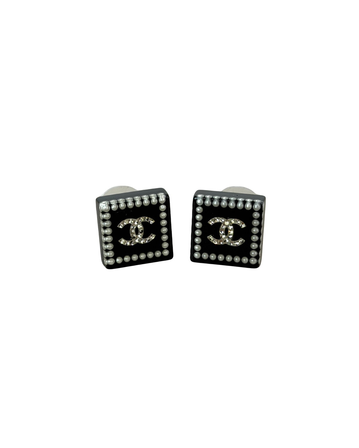 Black Square CC Logo Pearl Piercing Earrings