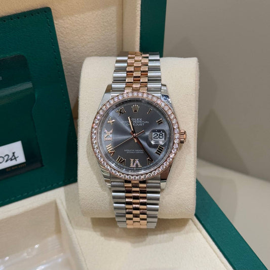 EDIT Rolex Datejust 36mm 2024 126281RBR Diamond Bezel, Dark Rhodium Roman Dial, Jubilee Bracelet